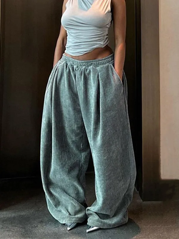 Women's Solid Drawstring High Waist Wide Leg Pants