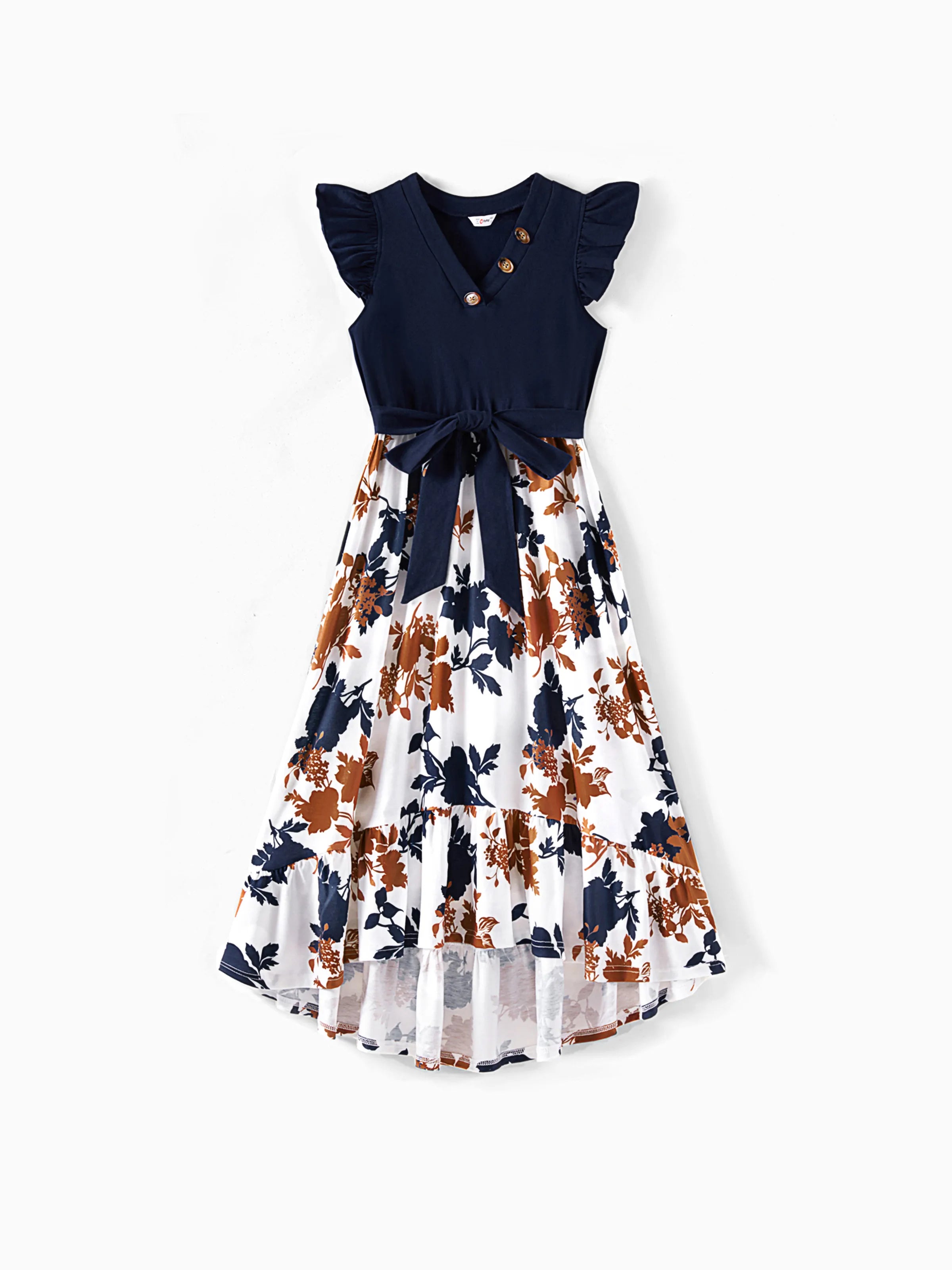 Mommy and Me Family Matching Casual Dress or T-Shirt, Solid Color, Fabric Stitching royalblue