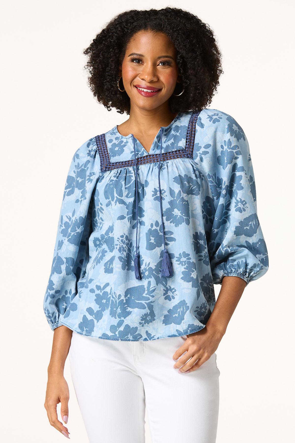 Tasseled Floral Chambray Top