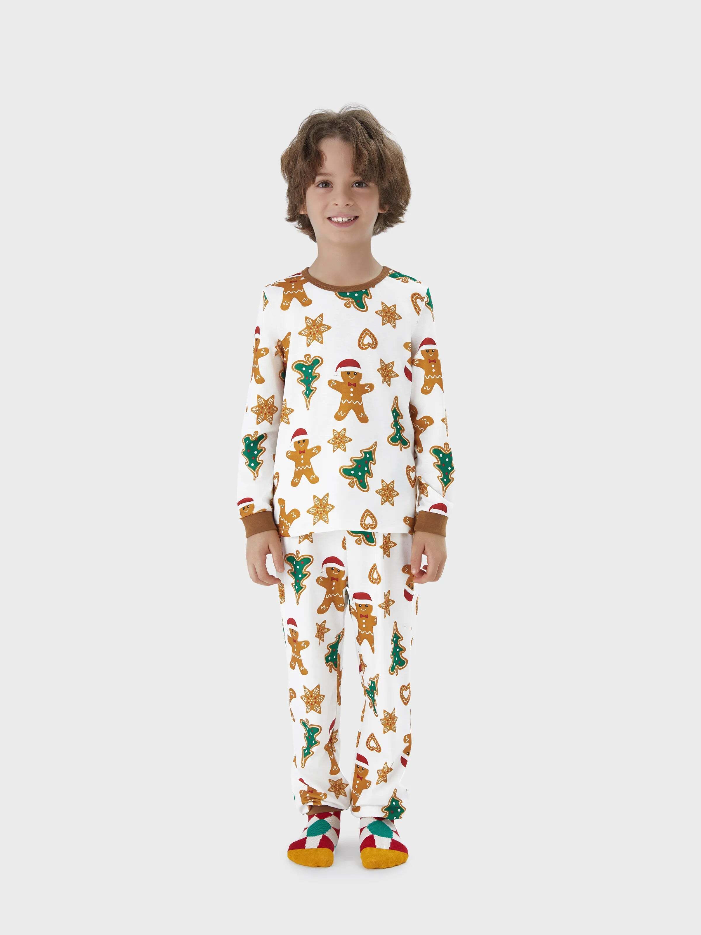 Christmas Family Matching Cartoon Gingerbread Man and Tree All-over Print Long-sleeve Pajamas Sets with Christmas Socks Coffee