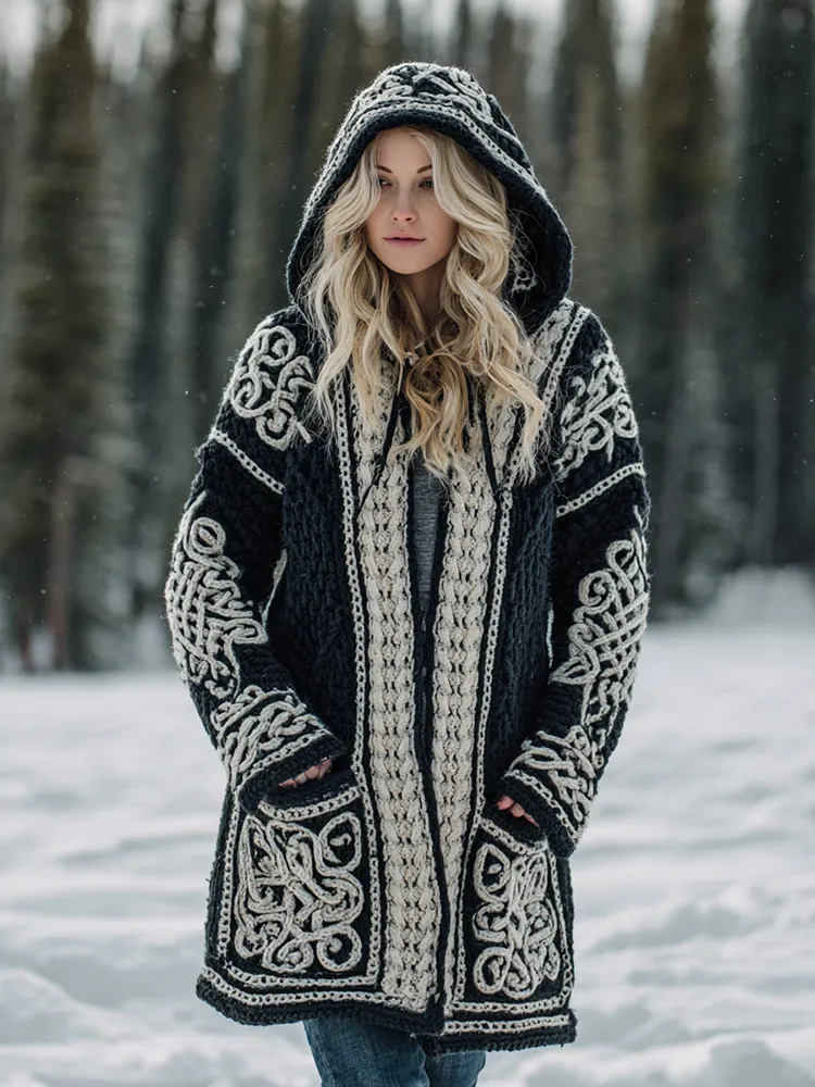 Women's Viking Celtic Knot Cozy Warm Knit Hooded Jacket