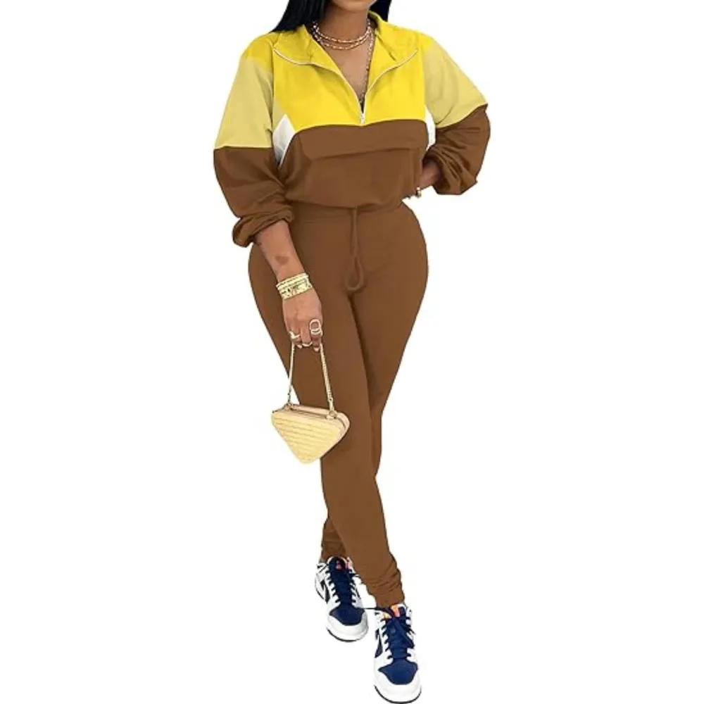 Women's Colorblock 2-Piece Knit Zip Jacket Elastic Waist Tracksuit