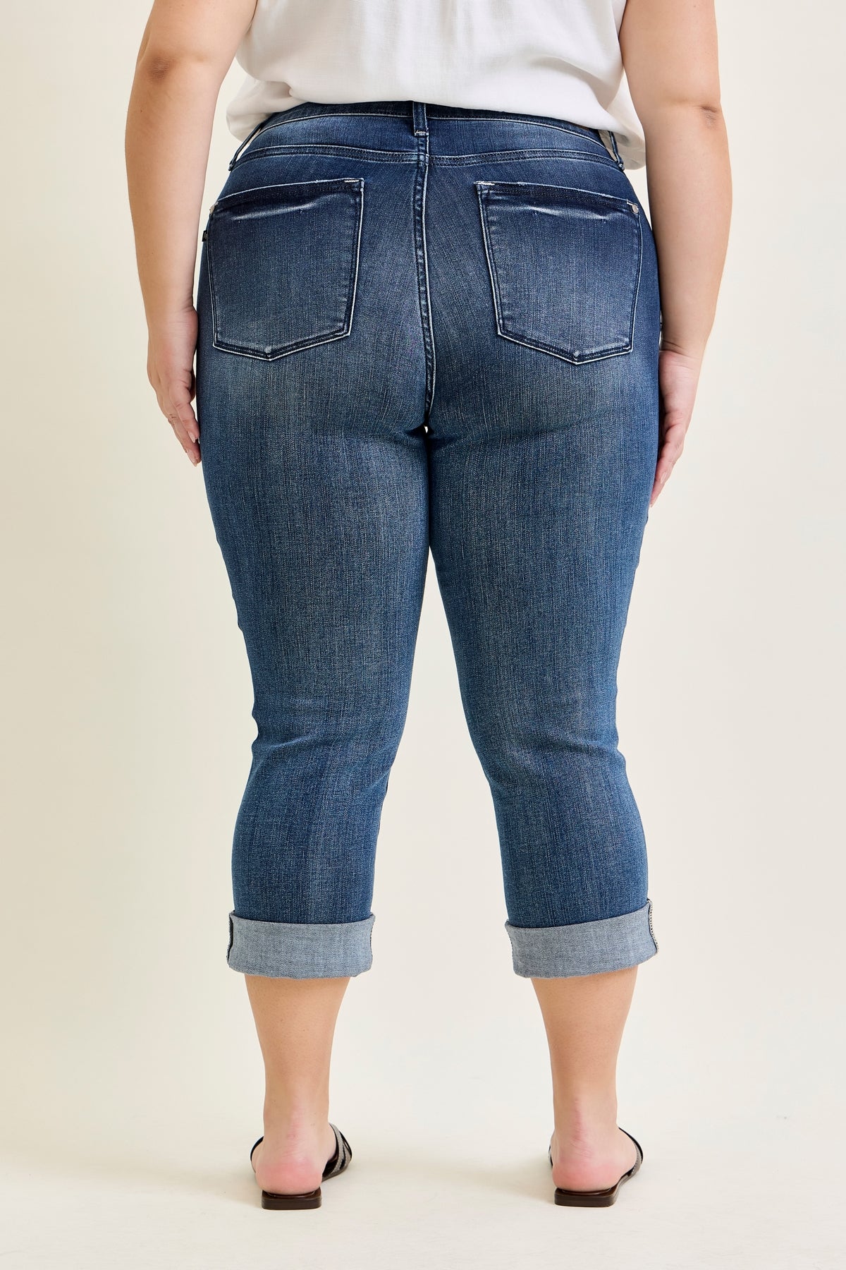 Maddy Mid Rise Dark Wash Cuffed Capri Jeans - PLUS