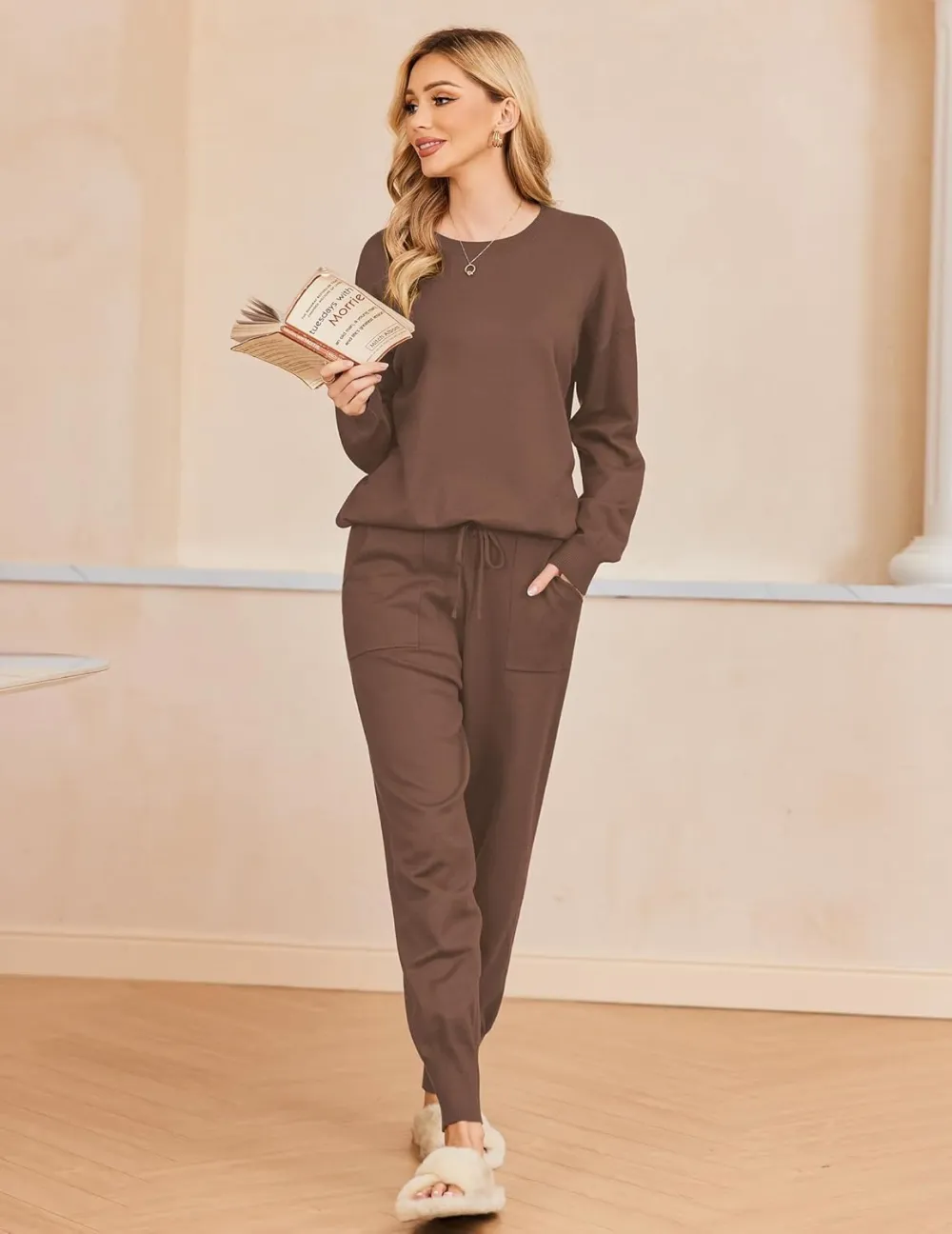 Women's Long Sleeve Knit Loungewear Set Jogger Pants Outfit