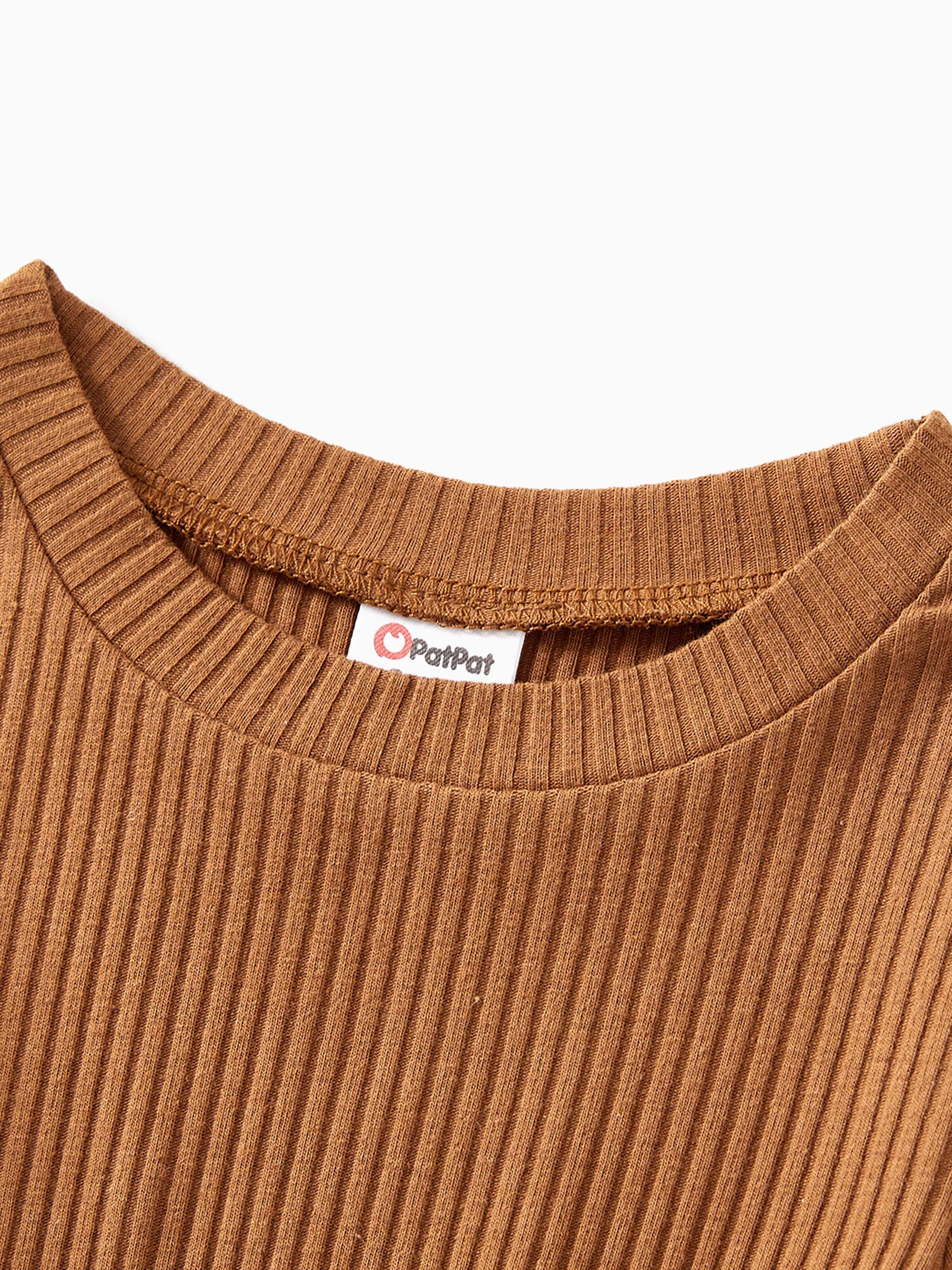 Family Matching Coffee Ribbed Spliced Plaid Belted Dresses and Long-sleeve Colorblock Tops Set Coffee