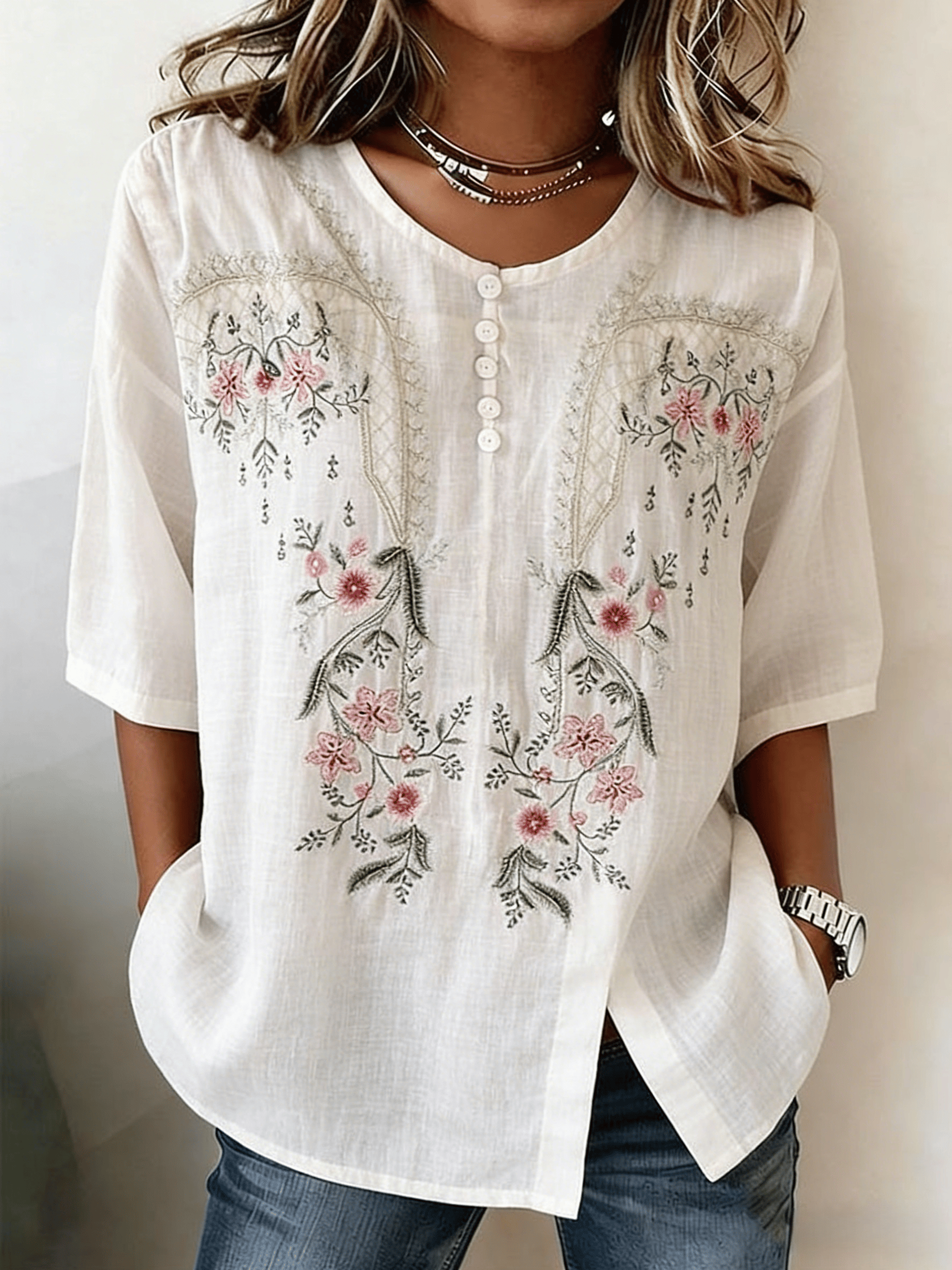 Women's Retro Floral Embroidered Cotton Linen V-Neck Blouse