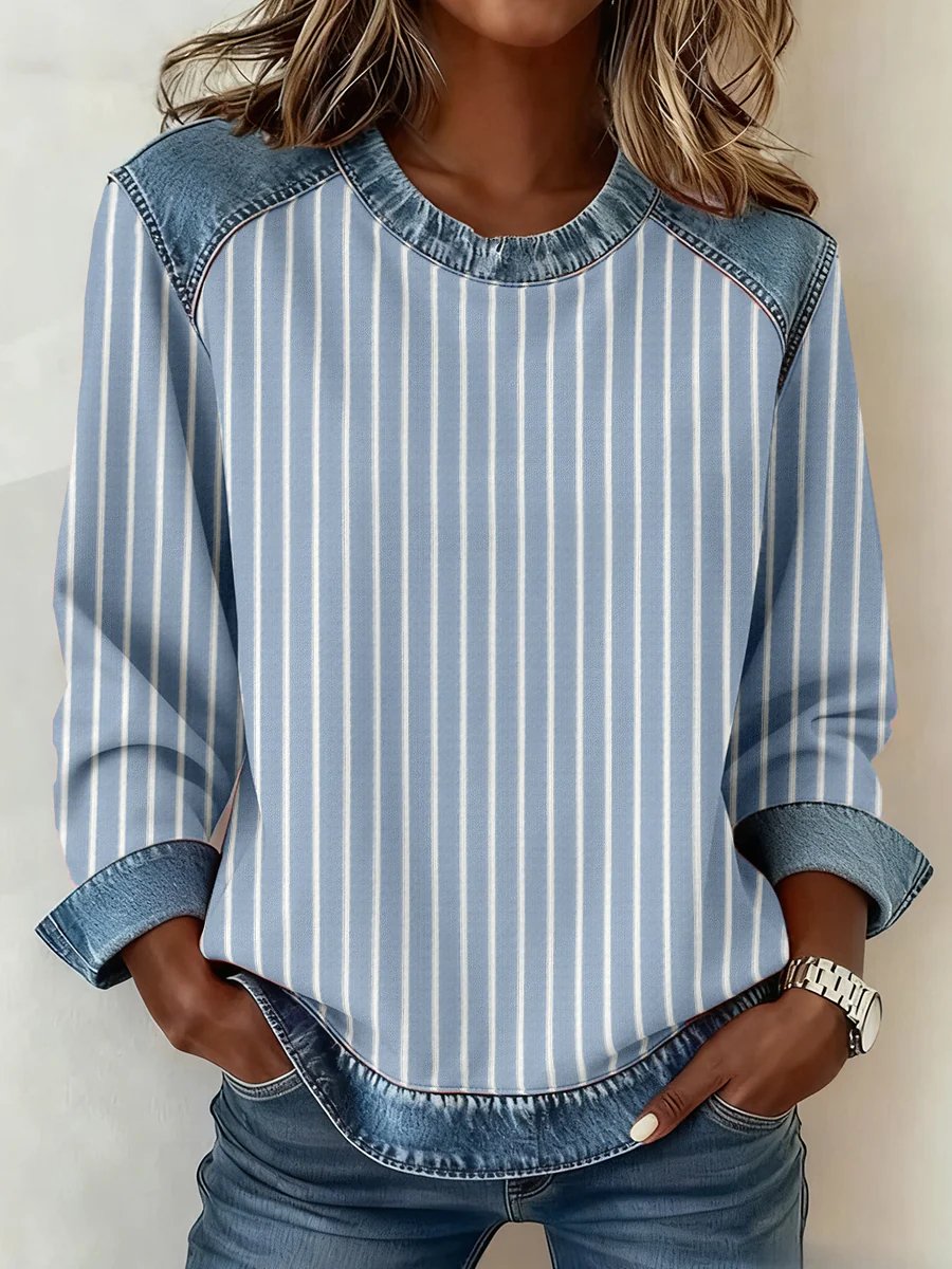 Women's Autumn Striped Faux Denim Casual Top