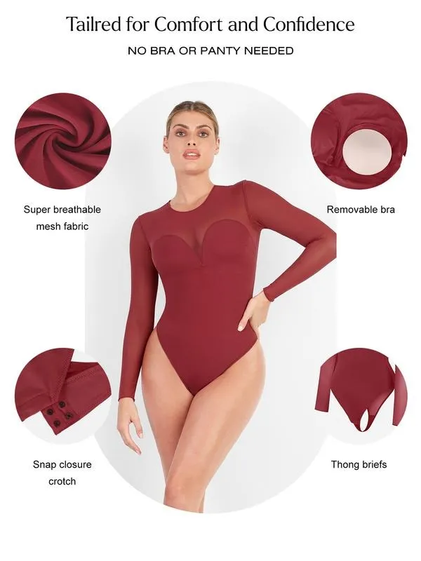 Deep V-Neck Long Sleeve Bodysuit Breathable Fabric Sheer Lace Turtleneck with Built-in Bra