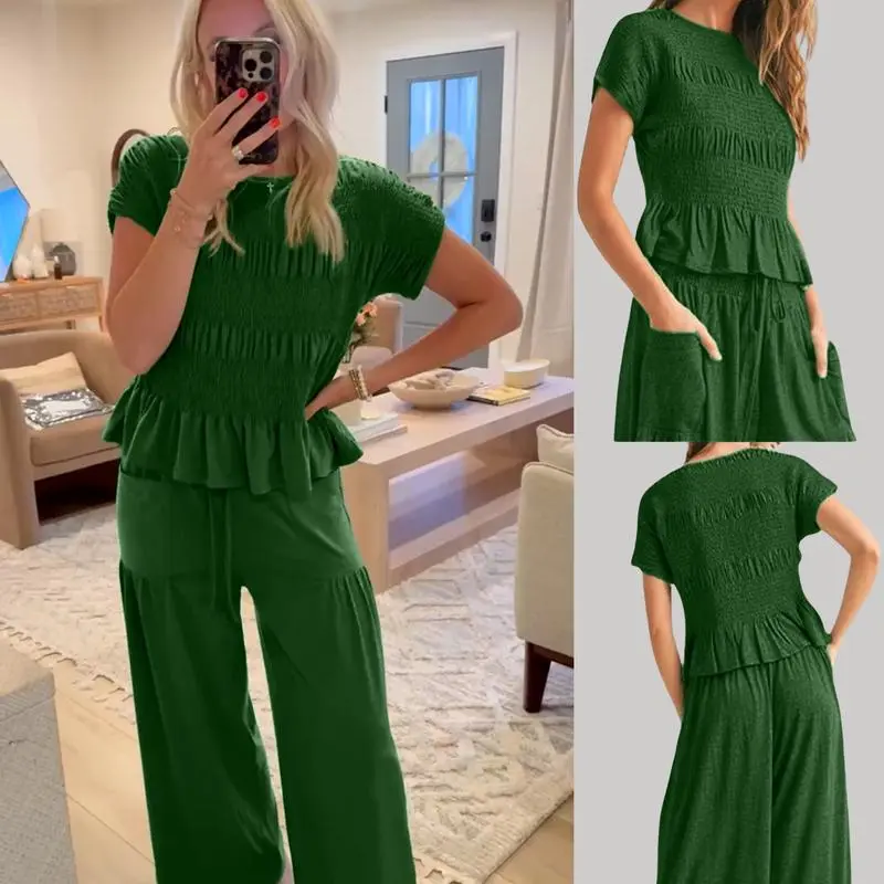Casual Boho Matching Set Smocked Top & Wide-Leg Pants