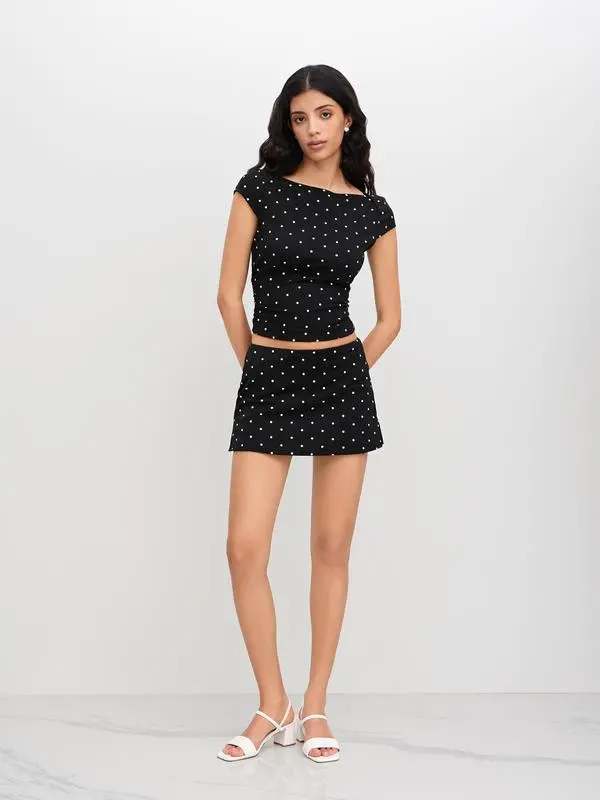 Cotton-Blend Polka Dot Boat Neck Tee & Mini Skort Set