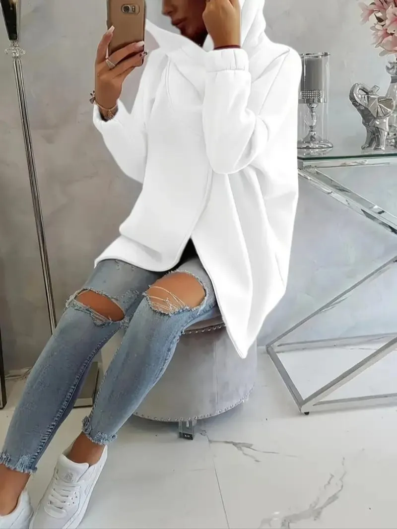 Women's Plus Size Hooded Sweatshirt, Full Zip Fashion Design, Asymmetrical Hem