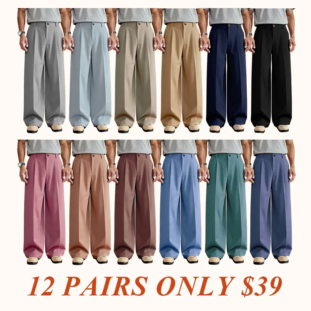 Men's Casual Versatile Solid Color Wide Leg Pants, Unique Button Design, Fitted Style