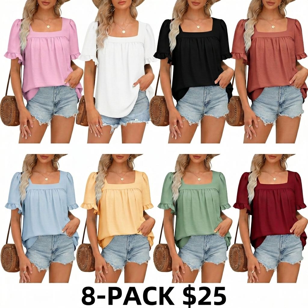 Women's Square Neck Peplum Blouse – Whimsical Ruffle Sleeve Cottagecore Top