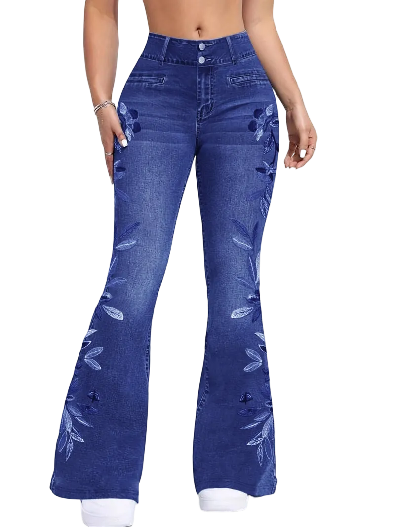 Women's denim printed flared pants