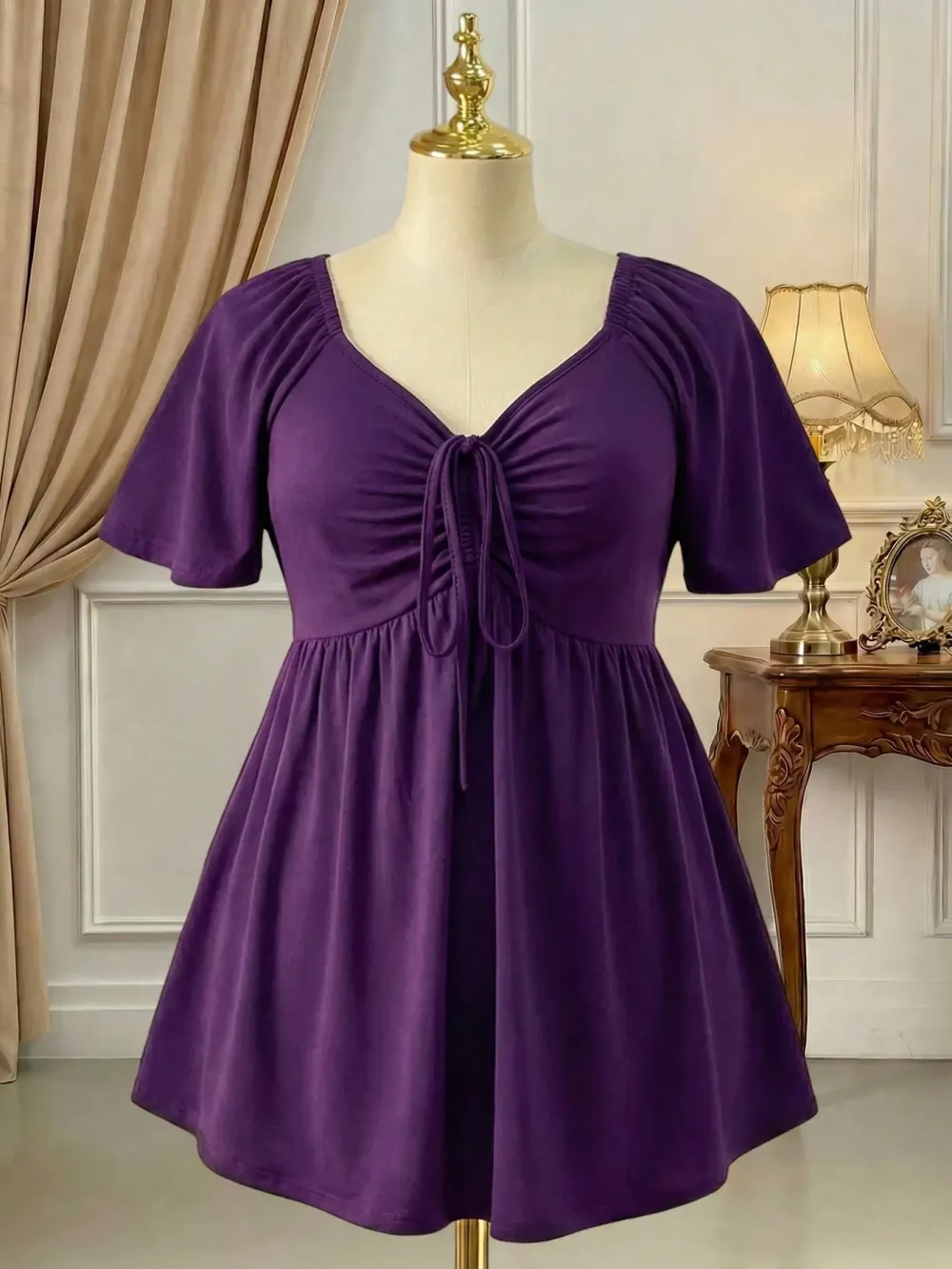 Plus Size Solid Color Rhinestone Collar Tie Front Short Sleeve Simple Casual T-Shirt