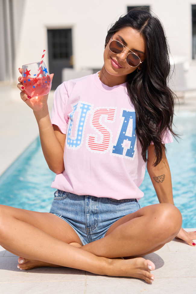 USA Lace Print Light Pink Graphic Tee
