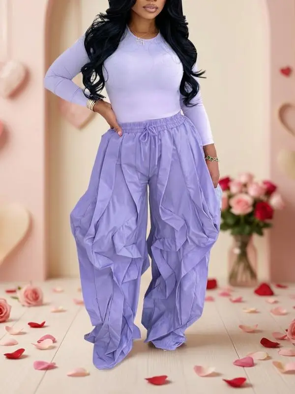 Women's Slim-Fitting Top & Wide-Leg Patchwork Ruffle Pants Set