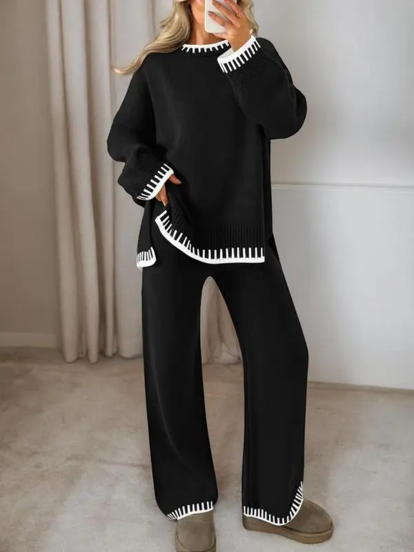 Women's Round Neck Colorblock Sweater Top and Long Sweatpants Set