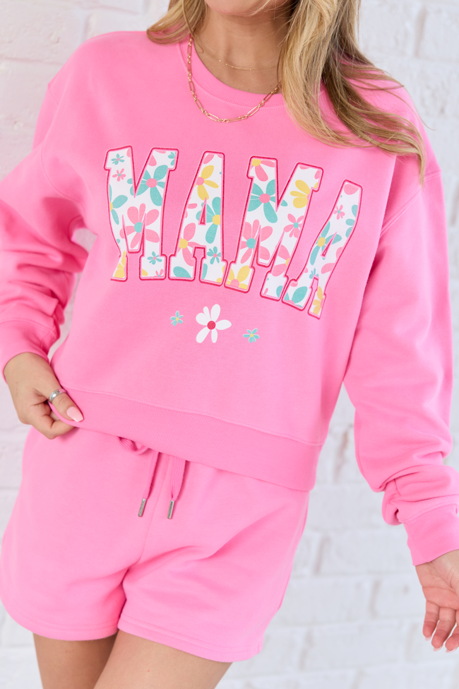 Mama Floral Print Pink Cropped Graphic Sweatshirt