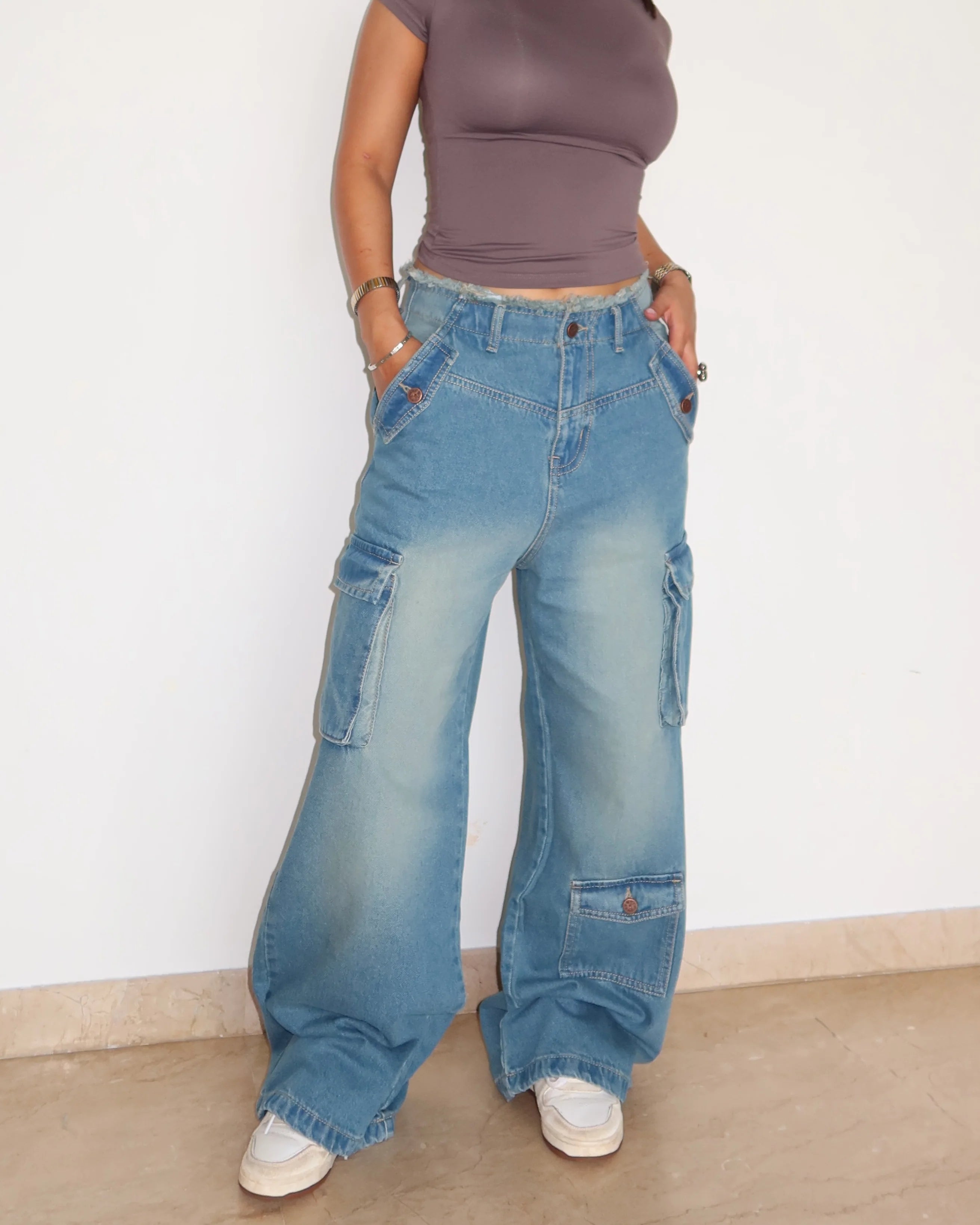 Lunar Grey Raw Waist Baggy Wide Leg Cargo Jeans