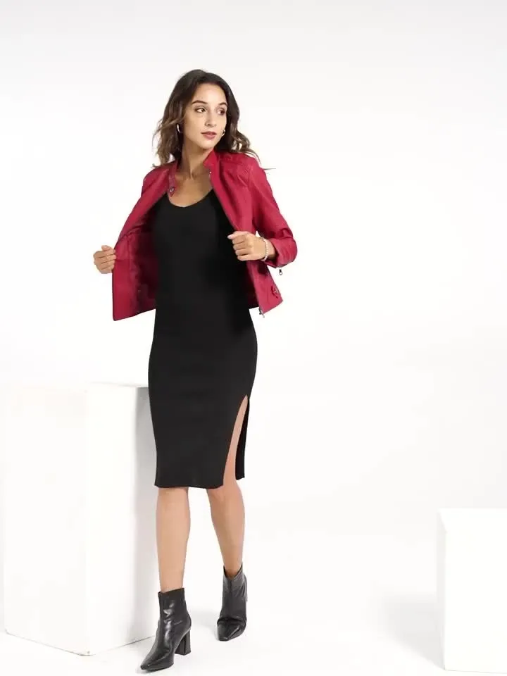 Women's Slim Fit Faux Leather Jacket Stand Collar Motorcycle Style Spring Autumn