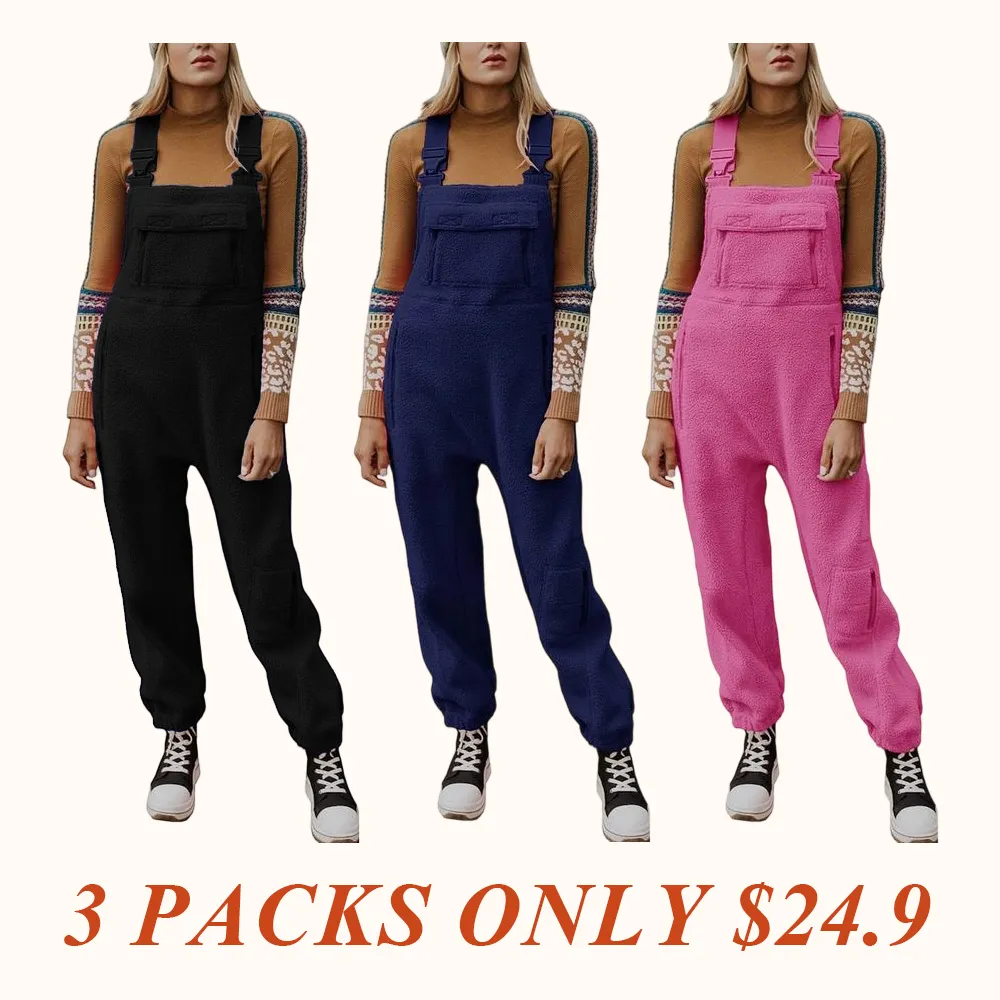 Women's Fleece Warm Overalls Winter Loose Casual Jumpsuits with Pockets