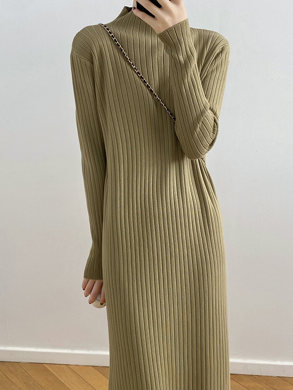 Fringed Solid Color Long Sleeves Loose Mock Neck Sweater Dresses Midi Dresses