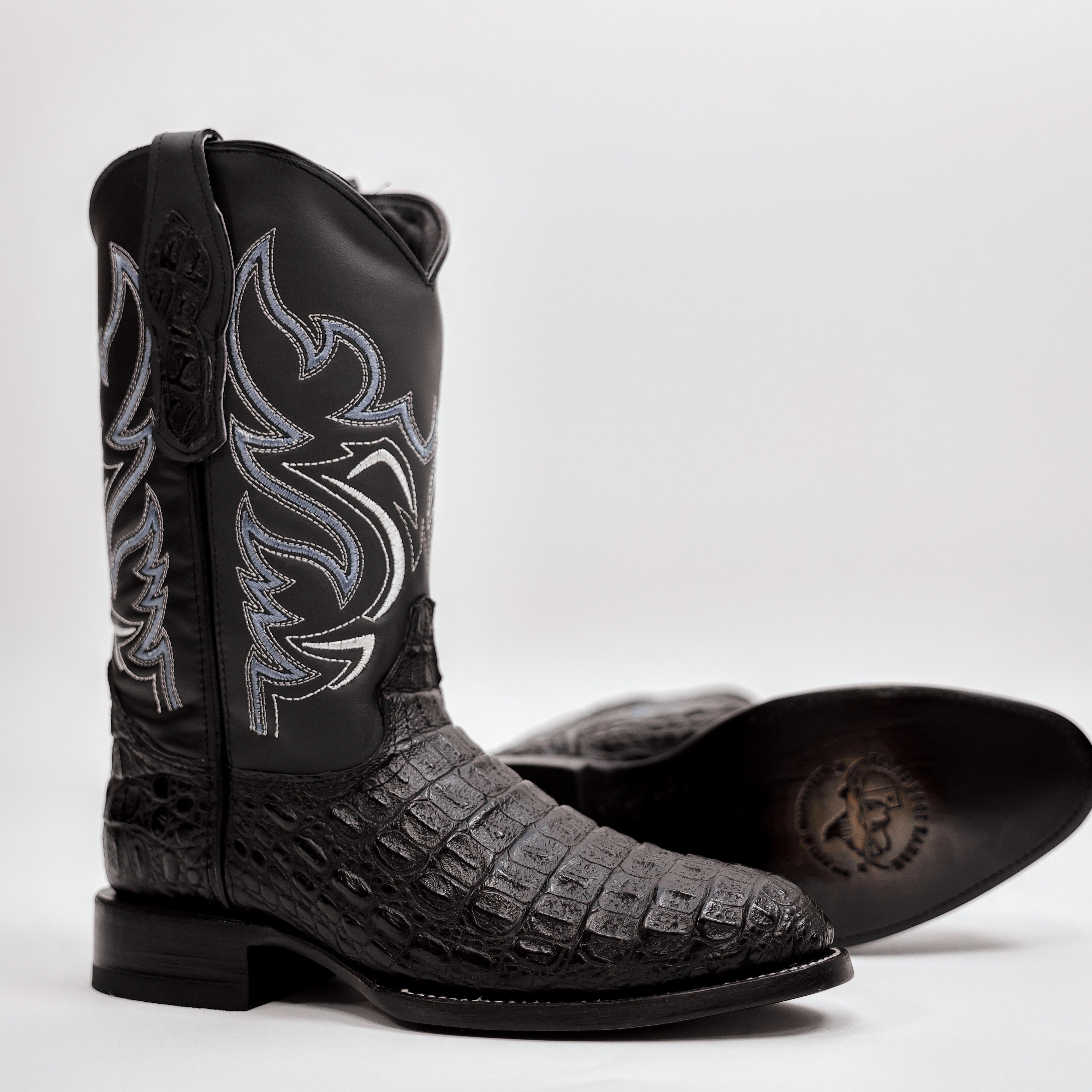 Black Caiman Hornback Leather Boots - Round Toe