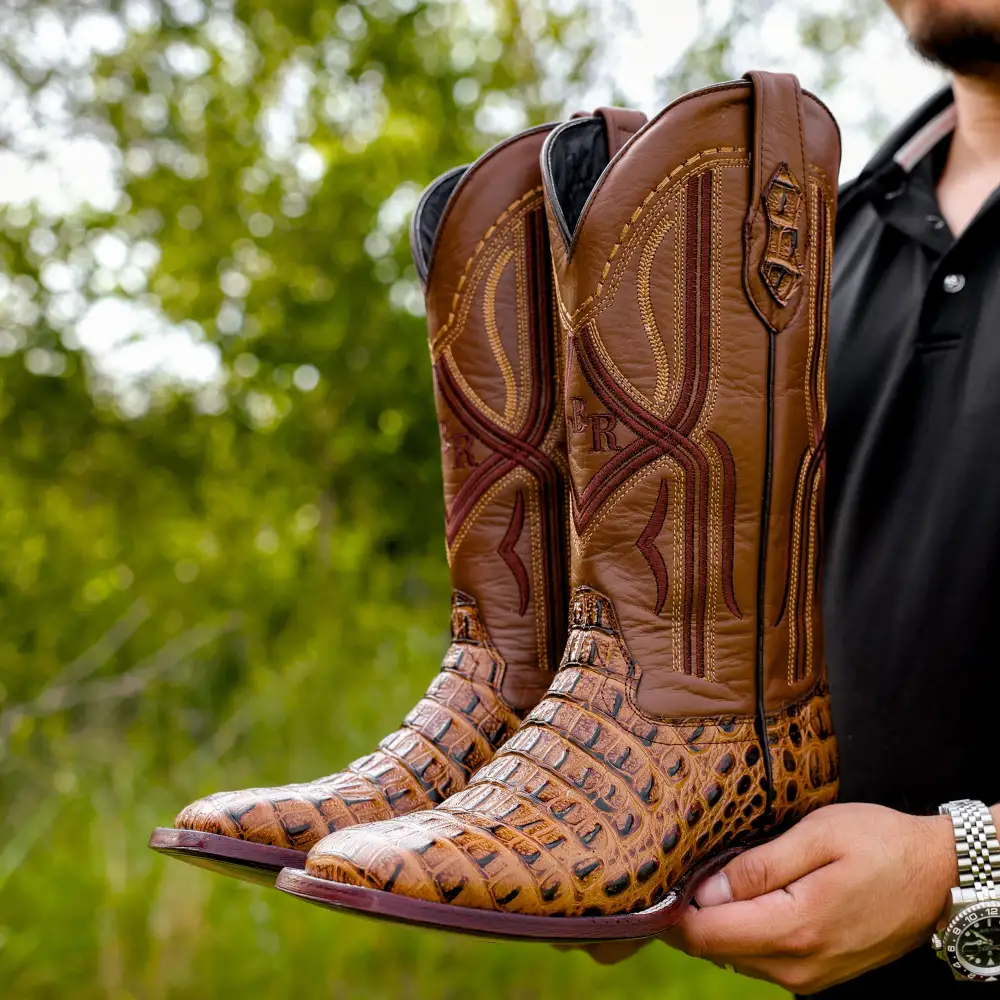 Honey Caiman Hornback Leather Boots - Square Toe