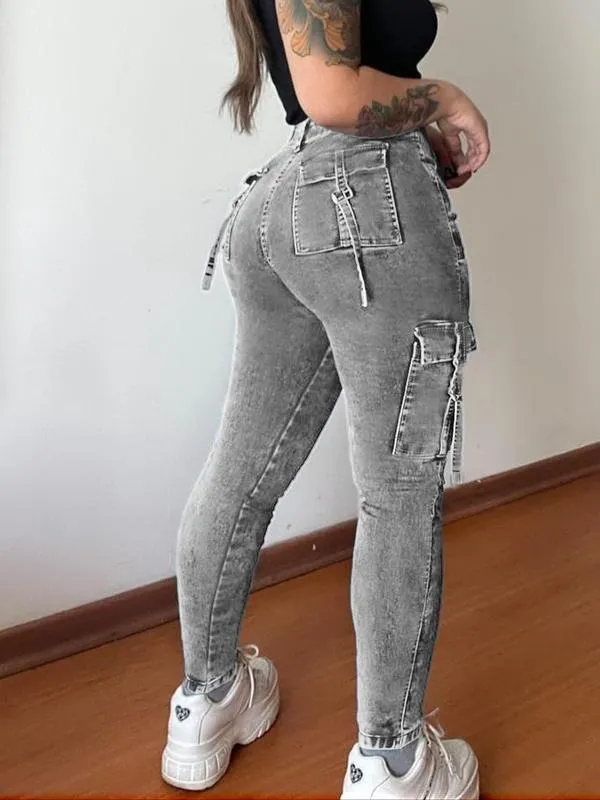 Women's Plain Multi-pocket Denim Cargo Pants
