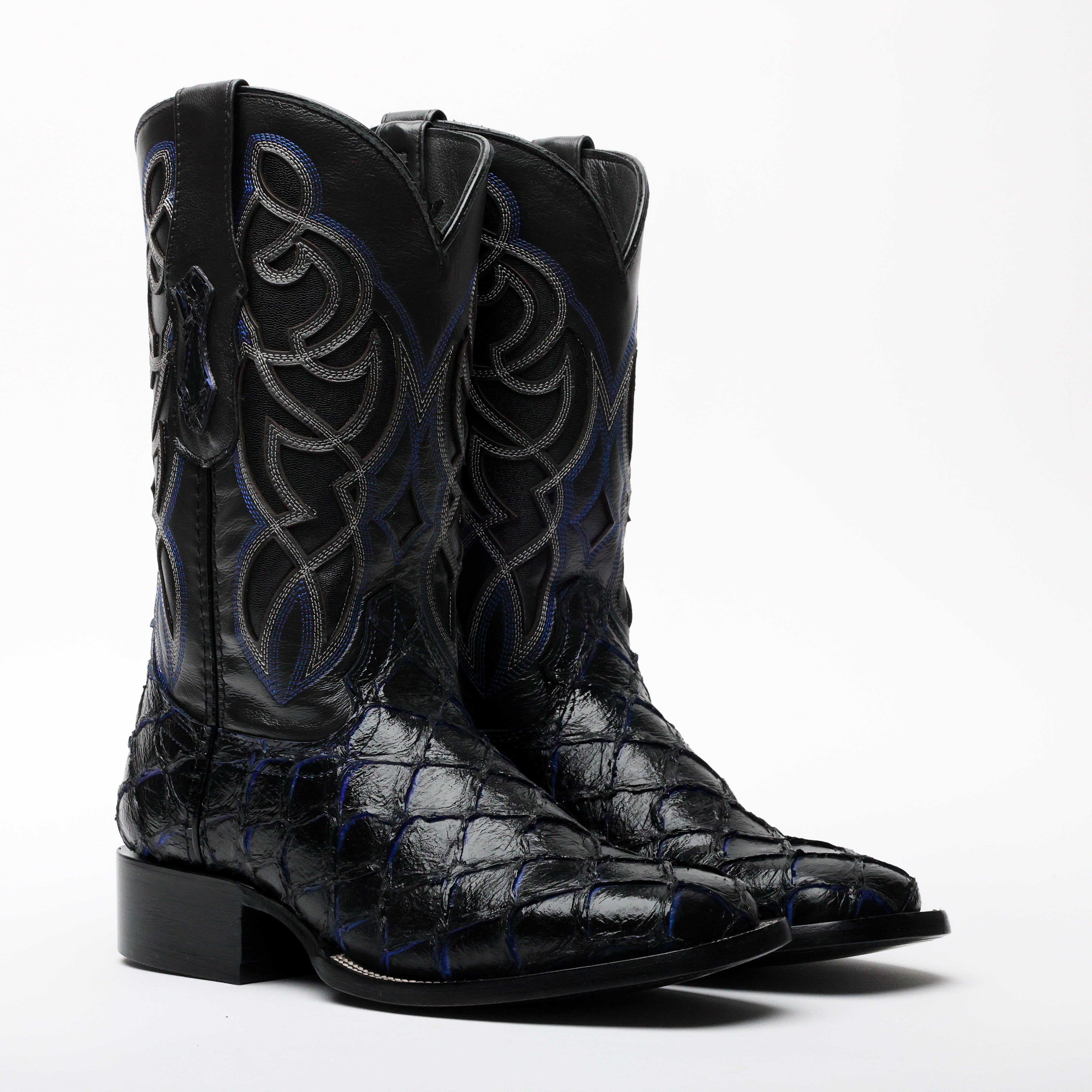 Black/Blue Pirarucu Leather Boots - Square Toe