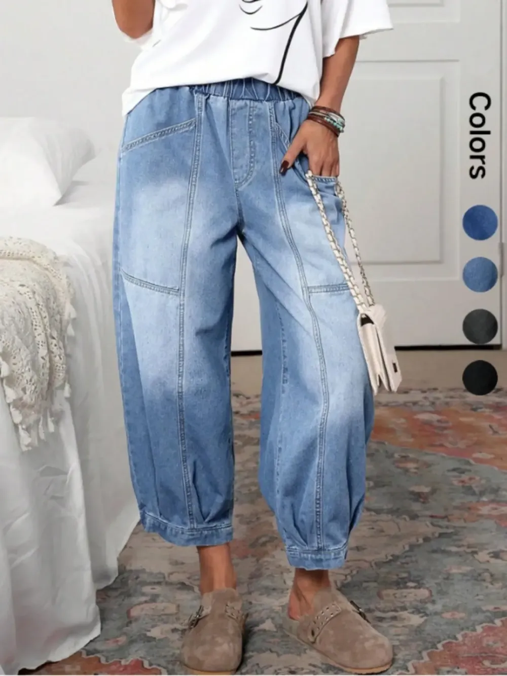 Women's Plaid Loose-Fit Woven Denim Jeans, Casual All-Seasons Comfortable Design