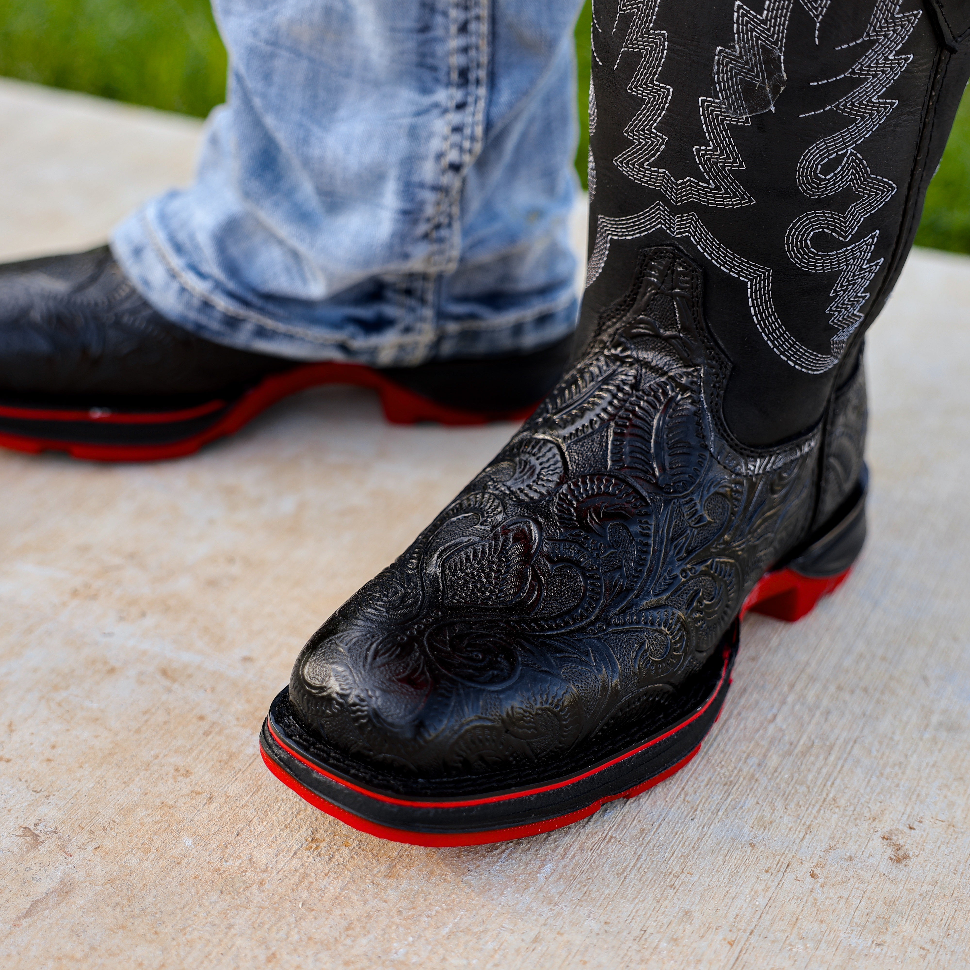 TBR Black Hand-Tooled Leather Boots With 3D Lightweight Sole - Composite Toe