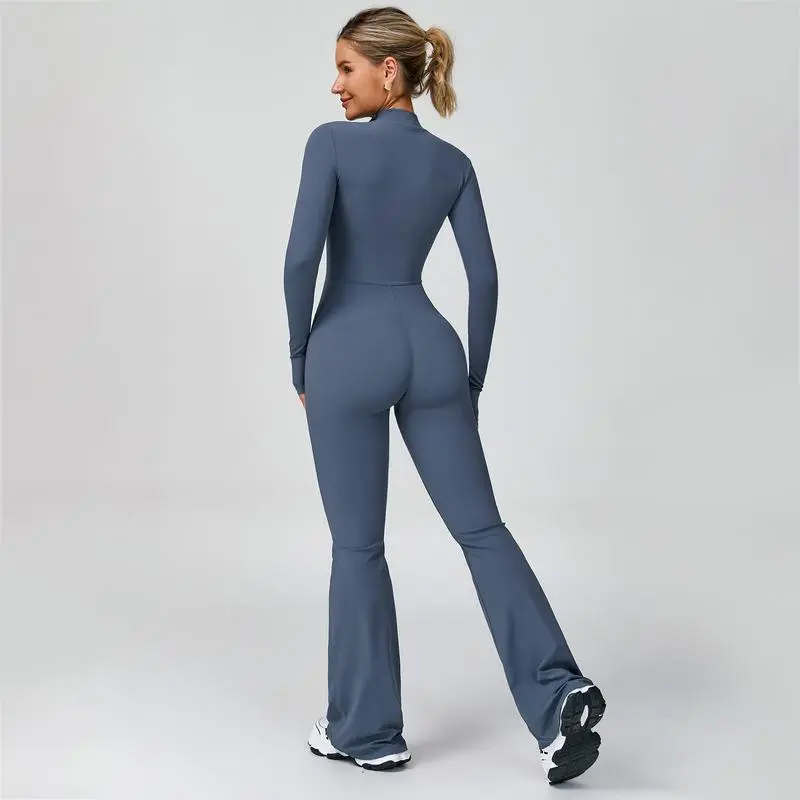 Women's Long Sleeve Flared Sports Jumpsuit - Zipper Jumpsuit