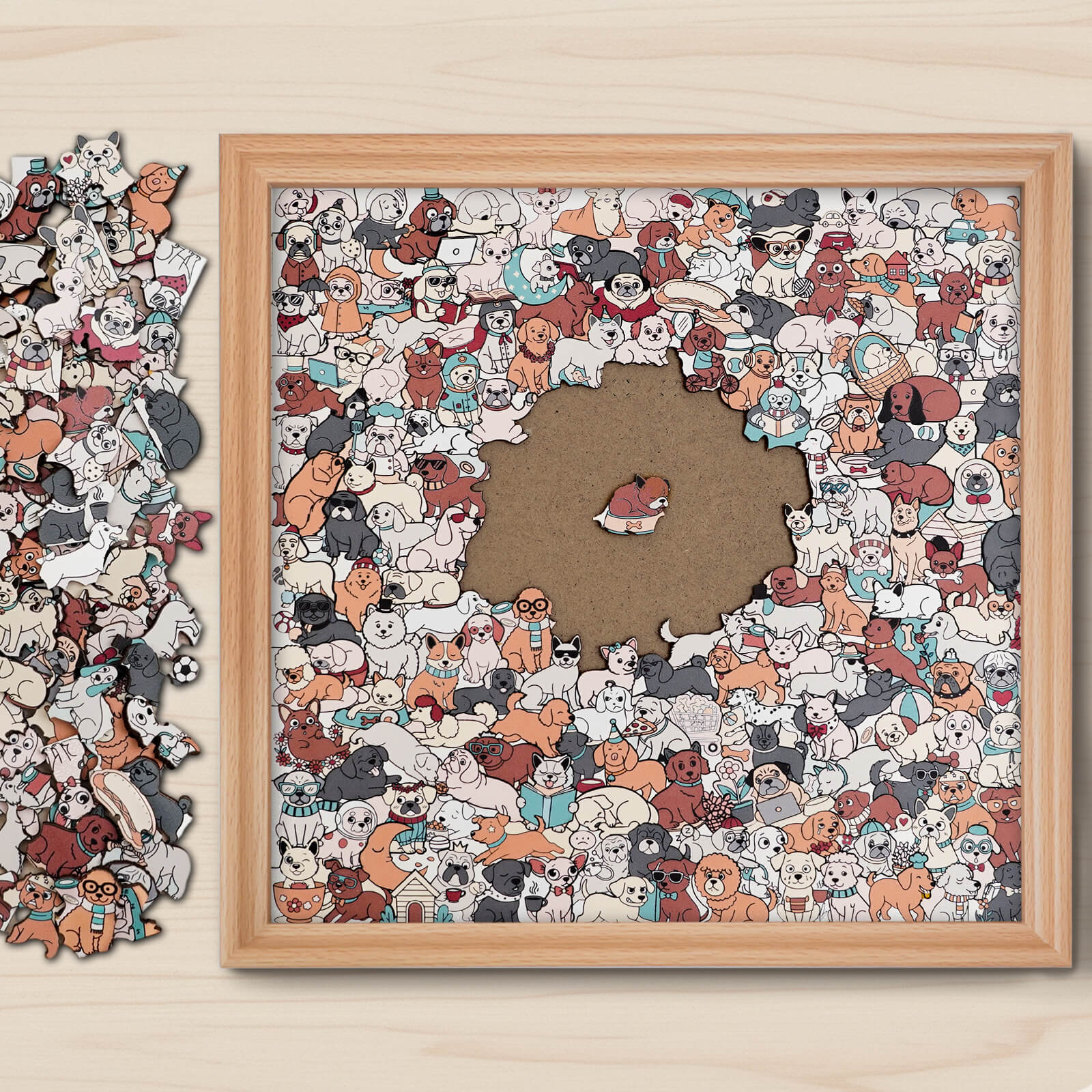 195 Pcs Morandi-Colored Cute Dog Shaped Square Wooden Jigsaw Puzzle