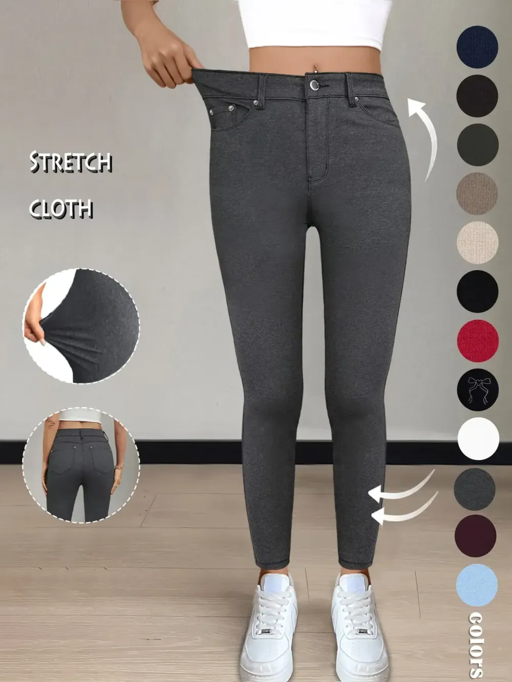 Women's Plain Pocket with Buttons, Casual Comfy Skinny Sports Stretchy Leggings for Yoga Gym Workout