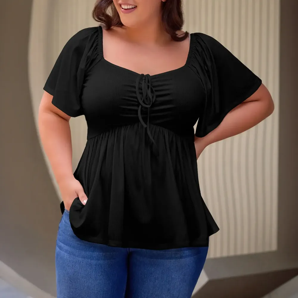 Women Plus Size Sweetheart Neck Short Sleeve Shirred Peplum Blouse Tops Shirts