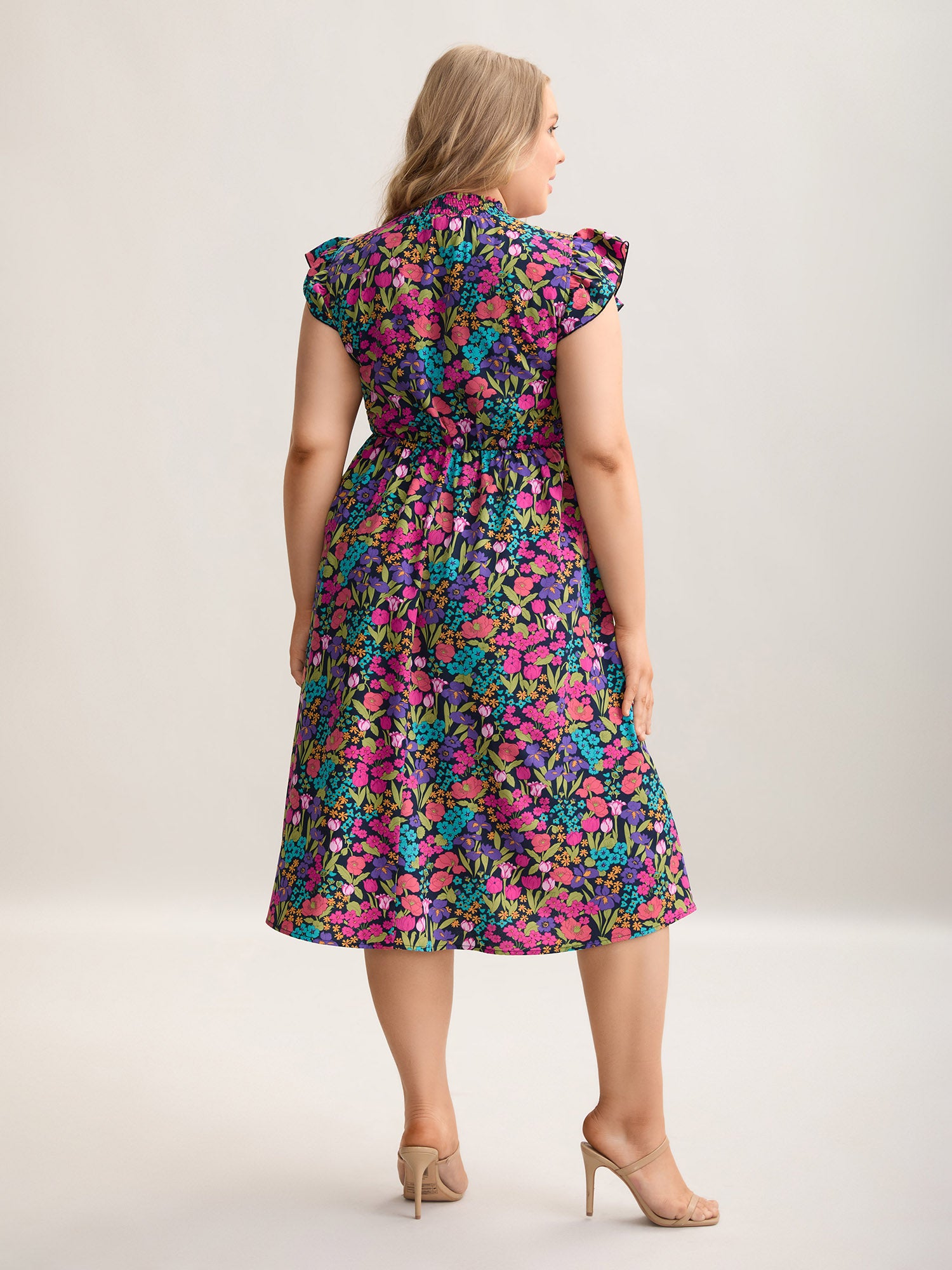 Floral Print Shirred Pockets Midi Dress