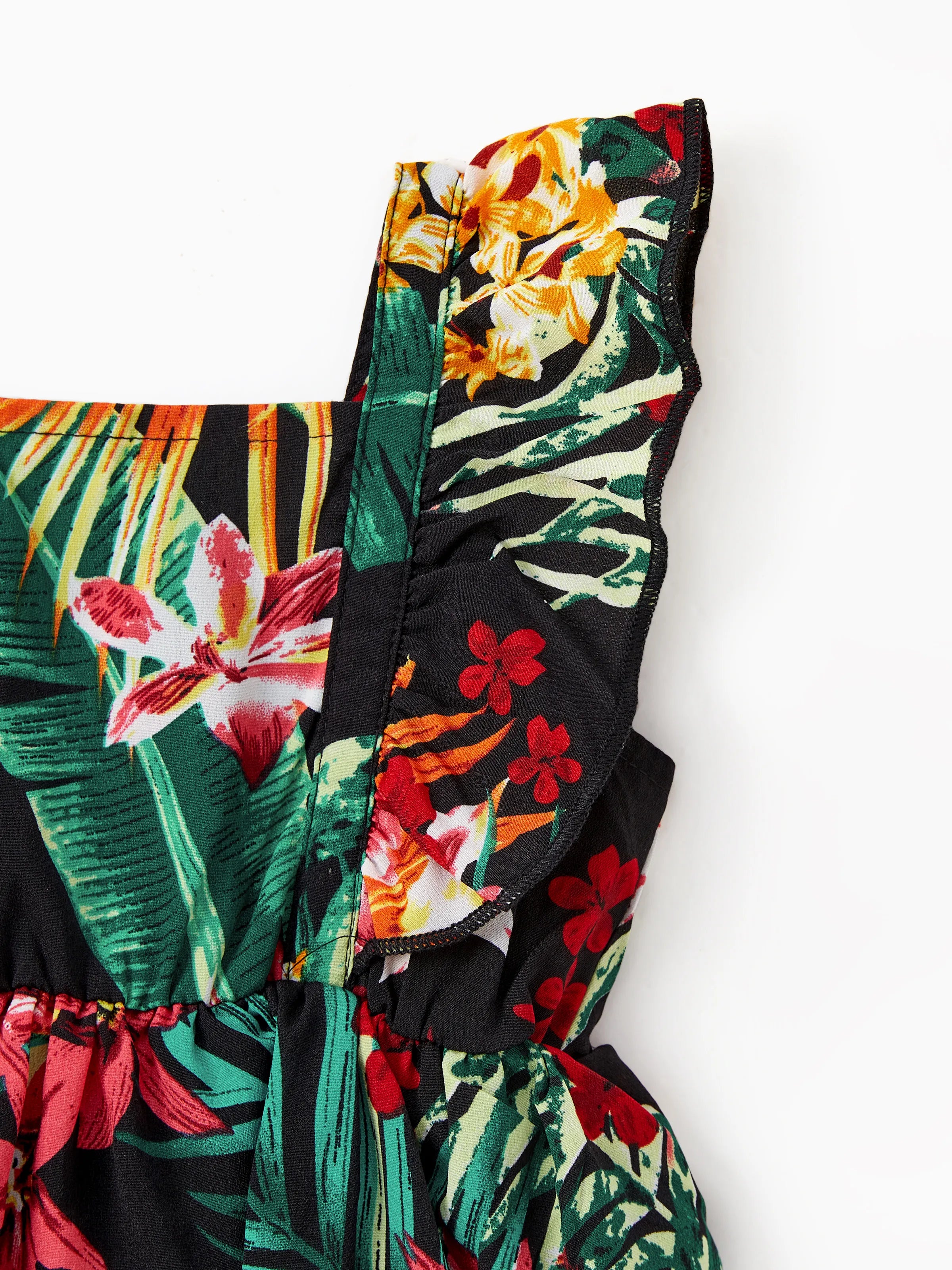 Family Matching Allover Plant Floral Print Halterneck Dresses and Short-sleeve Shirts Sets Black