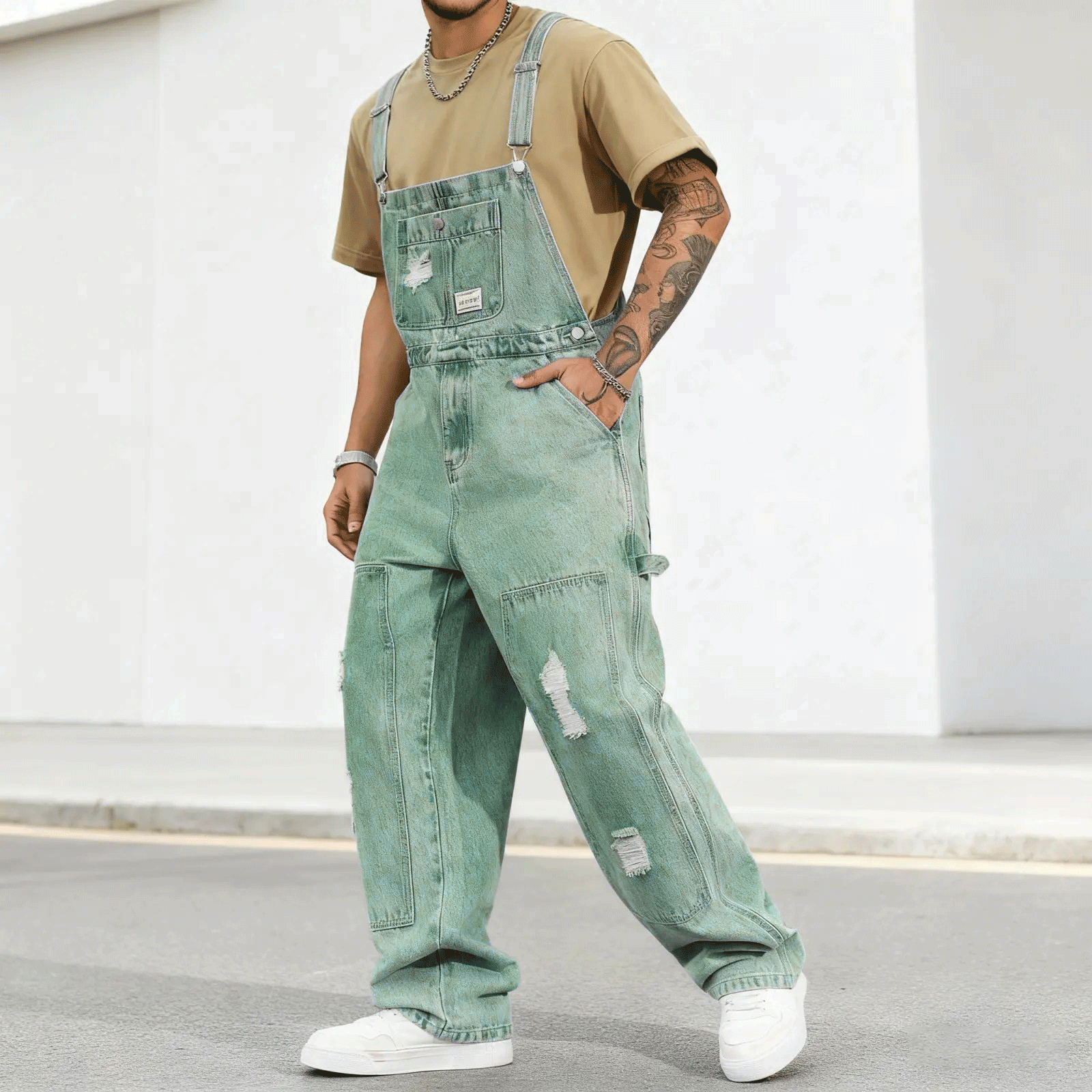 Spring Men's Letter Print Distressed Casual Versatile Denim Bib Overalls Hang
