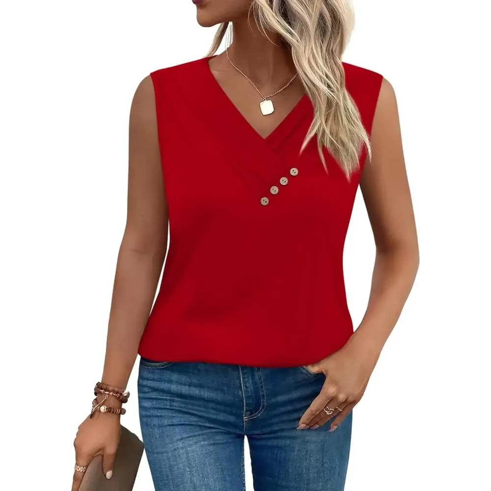 Women Summer Button Down V Neck T Shirts Sleeveless Loose Fit Fashion Tops