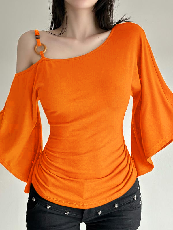 Women’s Retro Asymmetrical Beaded Shoulder Top – Slim Fit Flounce Sleeve Blouse