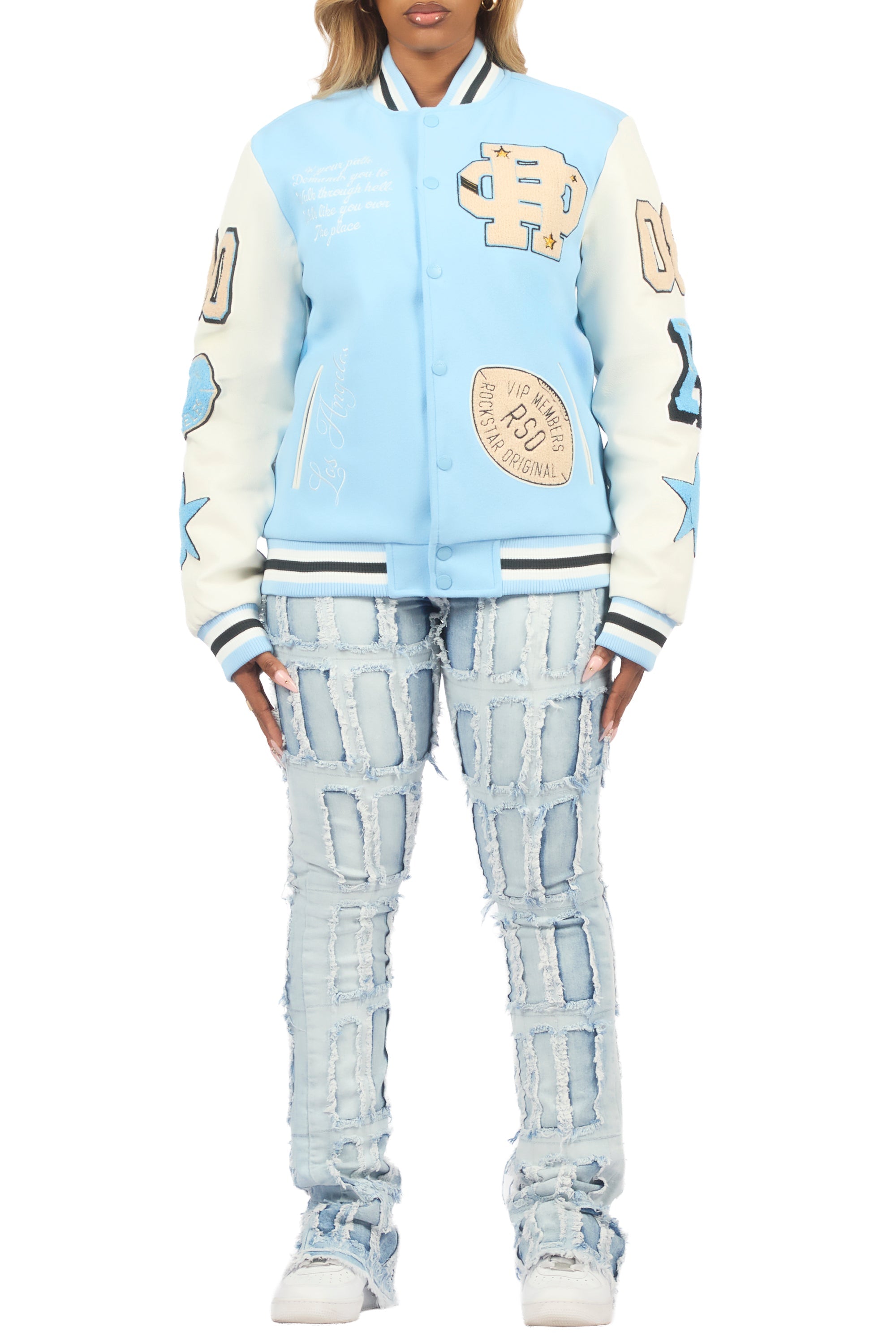 Adrienne Baby Blue Oversized Varsity Jacket