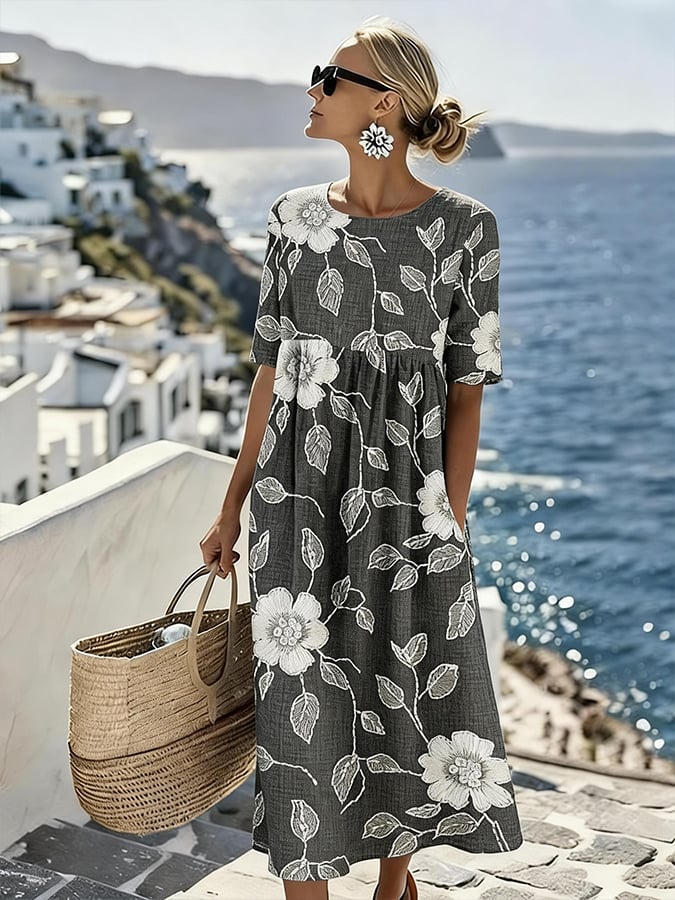 Women'S Vacation Round Neck Short Sleeve Printed Dress- Fast Shipping