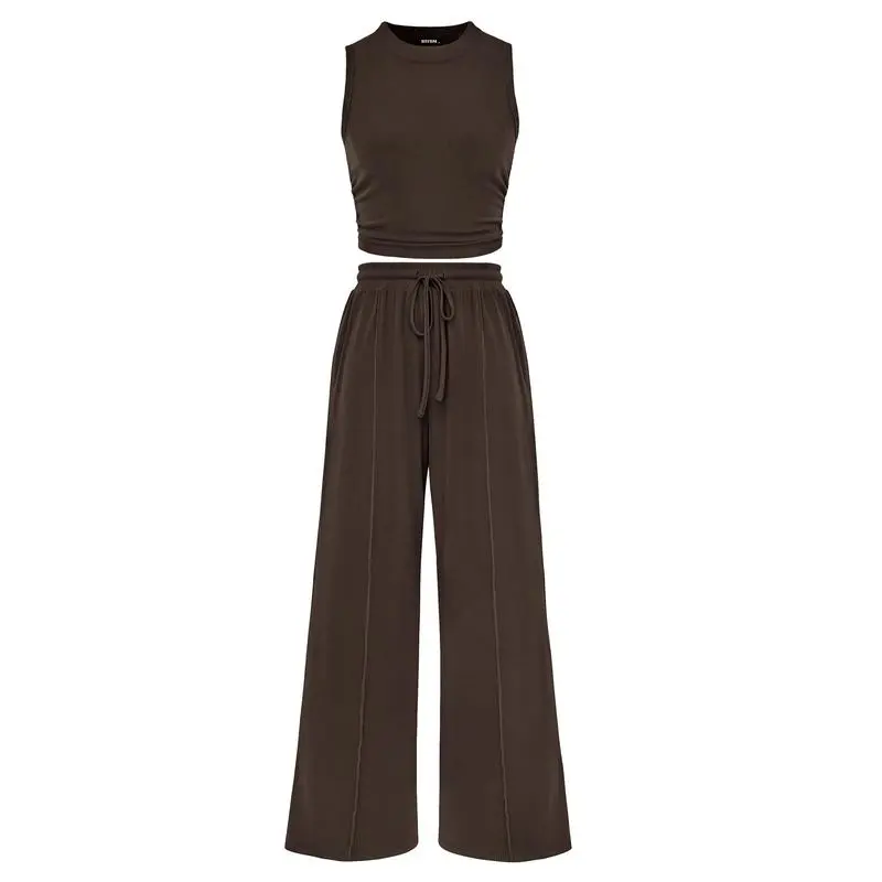 Women's Summer 2-Piece Outfits - Ribbed Knit Crew Neck Sleeveless Cropped Top & Wide Leg Pants Lounge Set