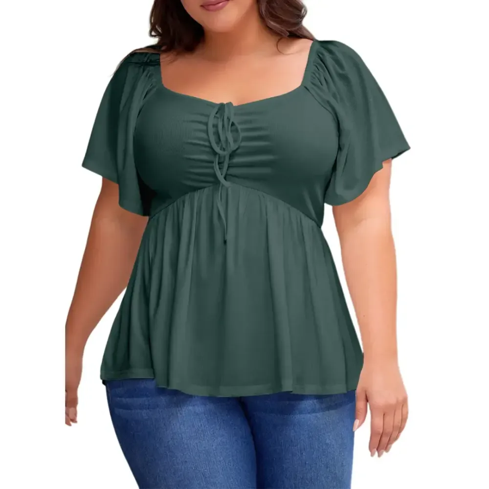 Women Plus Size Sweetheart Neck Short Sleeve Shirred Peplum Blouse Tops Shirts