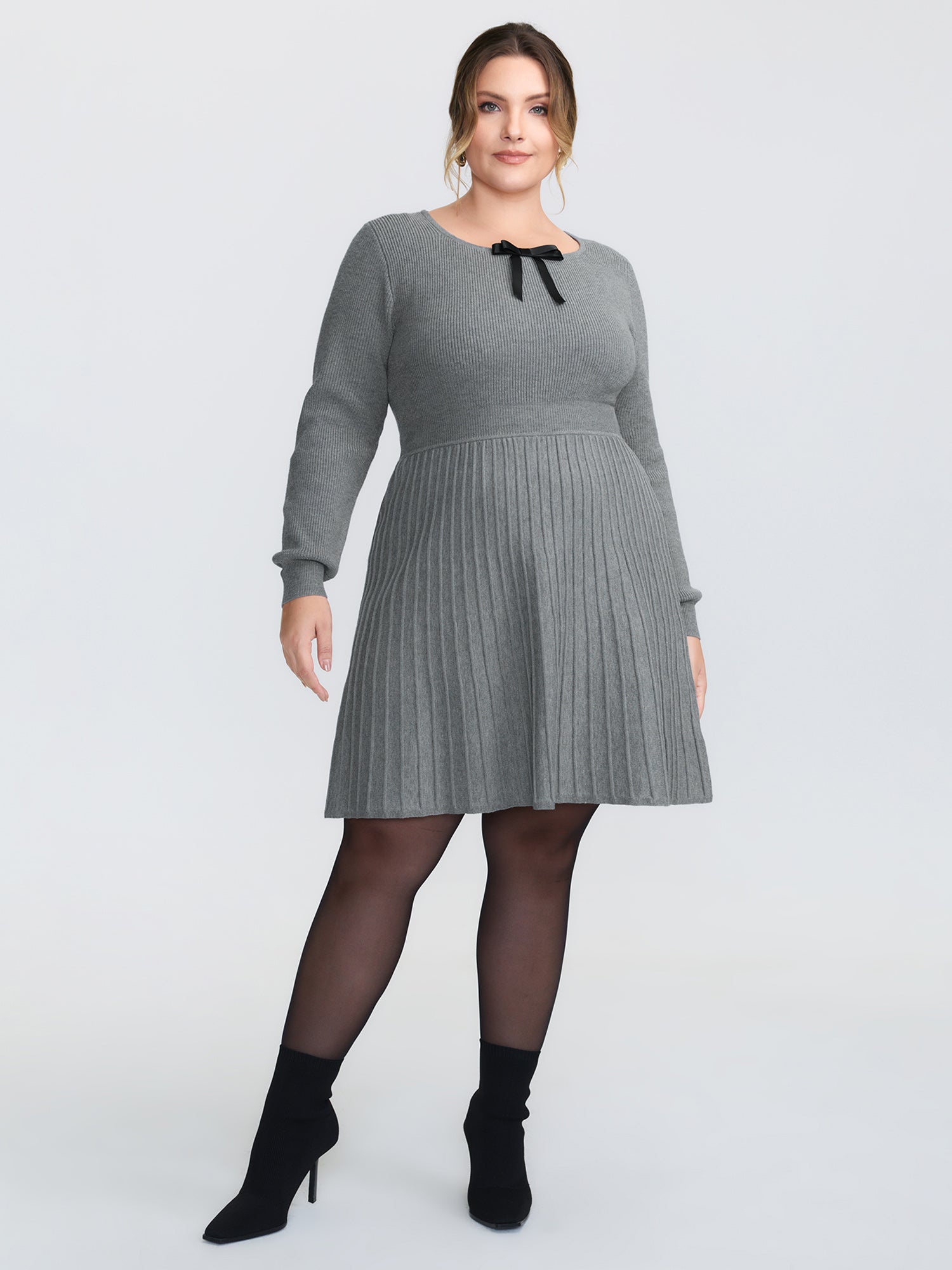 Bowknot Neckline Cinched-Waist A-Line Sweater Dress
