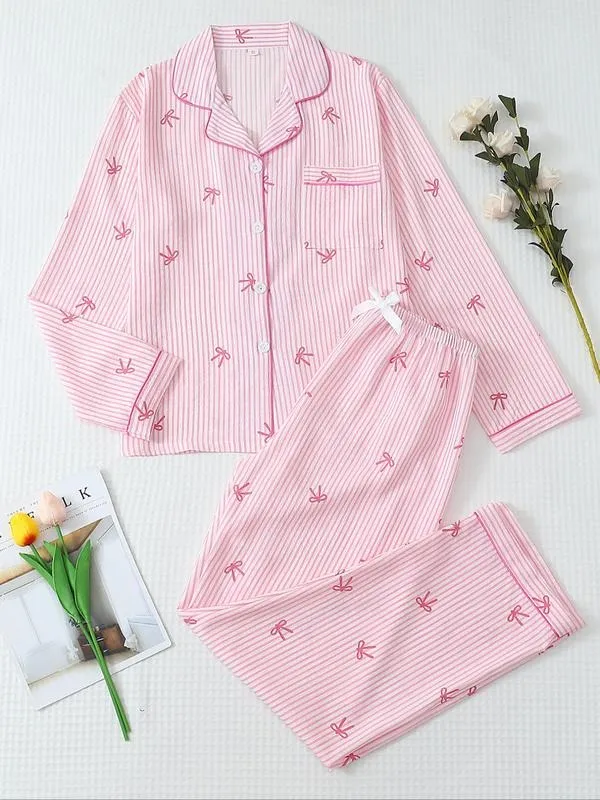 Women's Striped Bow Print Long Sleeve Pajama Set