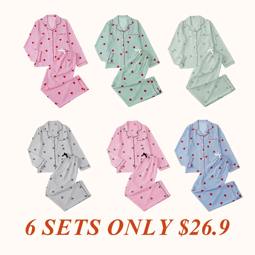 Women's Striped Bow Print Long Sleeve Pajama Set