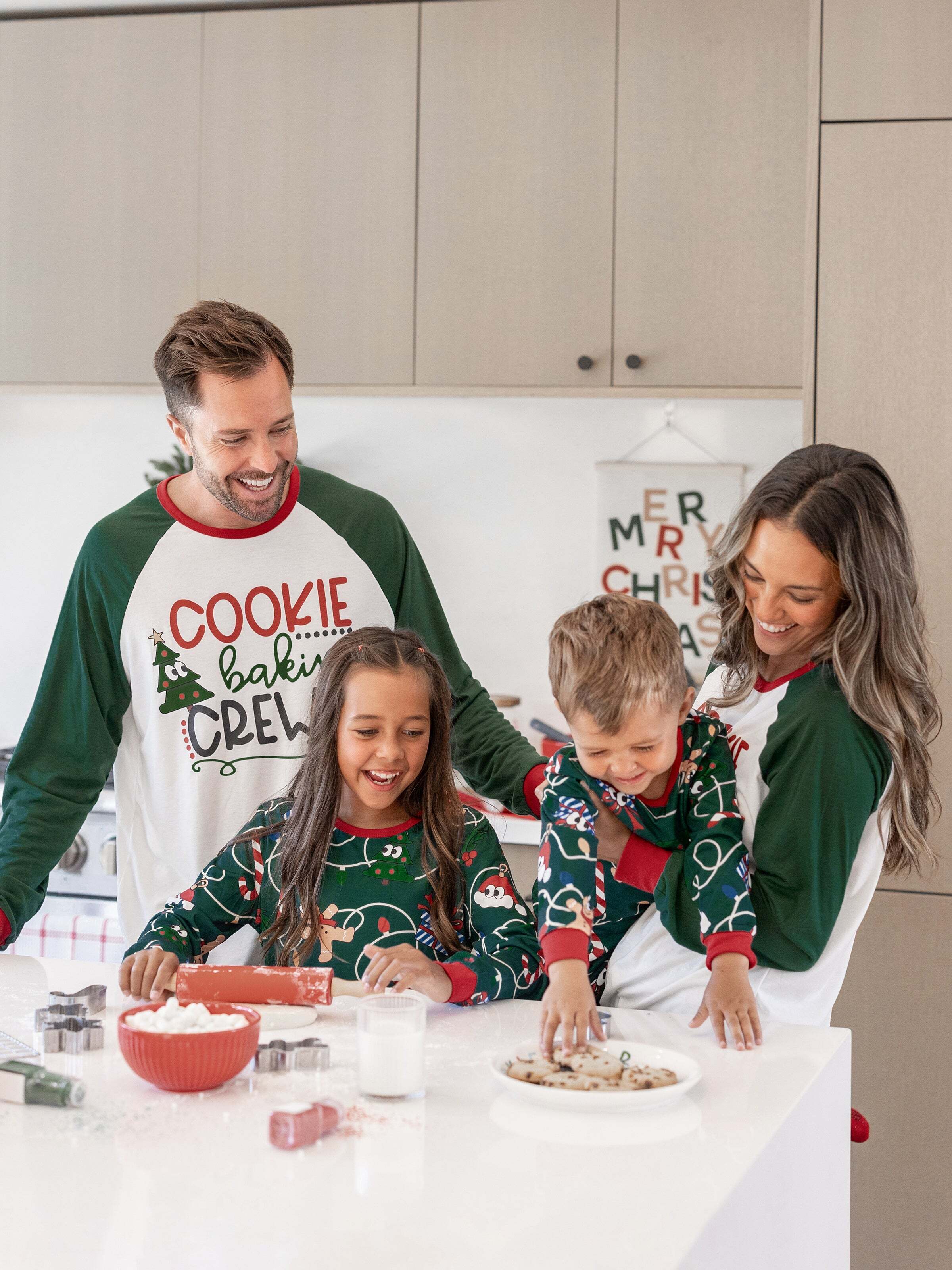 Christmas Matching Family Pajamas Set Gingerbread and Christmas Tree Green and White PJS with Christmas Socks Dark Green
